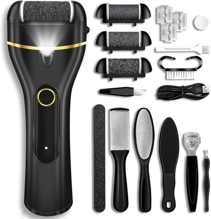 Callus Remover for Feet, Electric Foot Callus Remover Waterproof with 3 Rollers 2 Speed Battery Display,17 in1 Rechargeable Foot File Pedicure Kits for Dead Hard Cracked Dry Skin