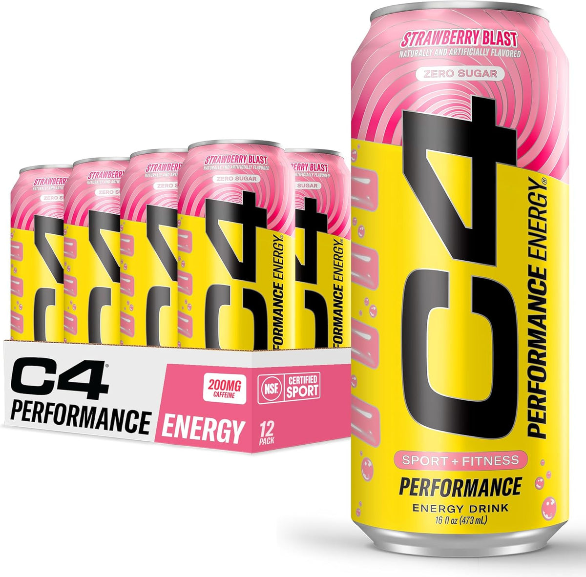 Cellucor C4 Performance Energy Drink | Strawberry Blast | Zero Sugar Carbonated Preworkout Energy | 200mg Caffeine with Beta Alanine | 16 Fl Oz (12 Pack)