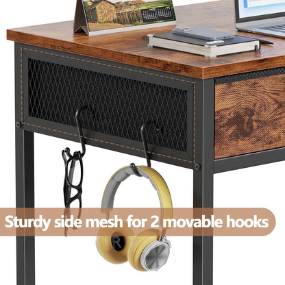 Furologee Small Computer Desk with 2 Fabric Drawers for Bedroom,34 Inch Home Office Writing Desk, Vanity Desk with Hooks, Simple Study Desk for Small Spaces, Makeup Dressing Table, Rustic Brown