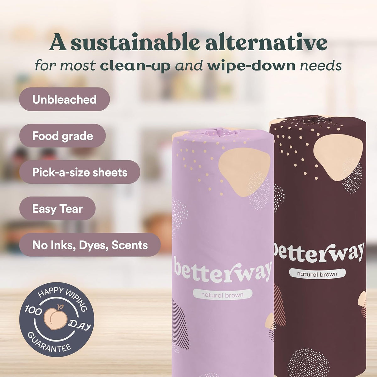 Betterway Bamboo Natural Brown Paper Towels - 8 Rolls, 2 Ply, 110 sheets - Plastic Free, PFAS Free, Disposable Kitchen Paper Towels - Select Size, Tree Free, Compostable, Strong & Absorbent - Rayz Mart