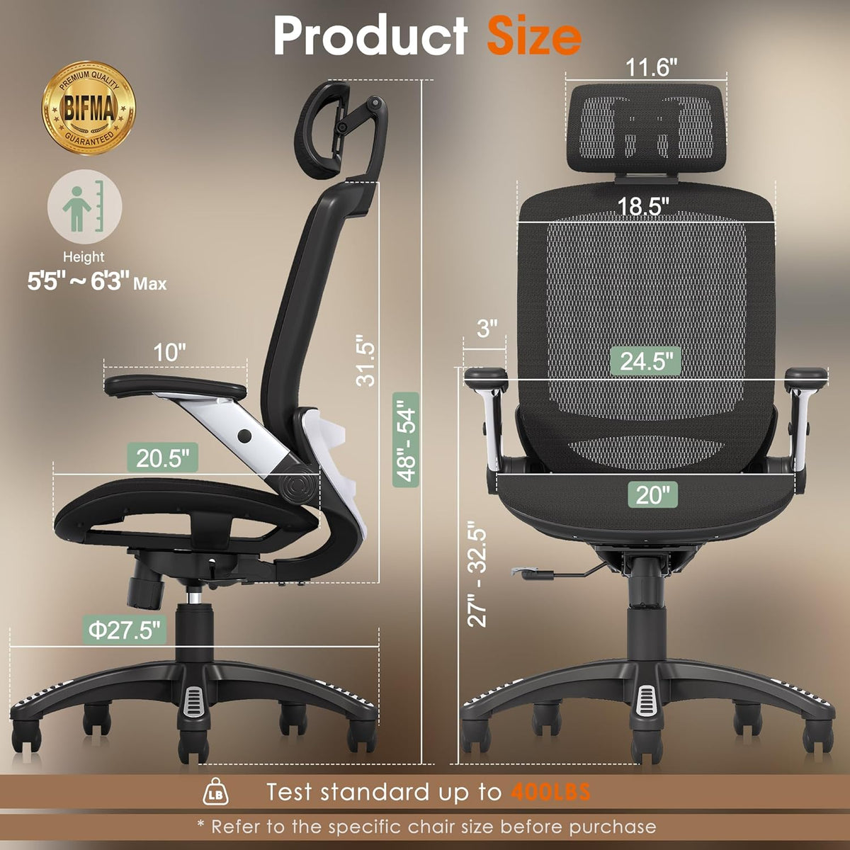 GABRYLLY Ergonomic Office Chair, High Back Home Desk Chair with Headrest, Flip-Up Arms, 90-120° Tilt Lock and Wide Cushion, Big and Tall Mesh Chairs for Man Woman, Black Task Chair