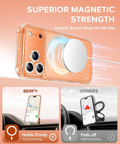 BERFY for iPhone 17 Pro Max Case for Women, Compatible with MagSafe, Clear Glitter Shockproof Protective Case, Anti-Yellowing, with Screen Protector & 3 Diamond Camera Lens Covers 6.9", Sparkle Clear