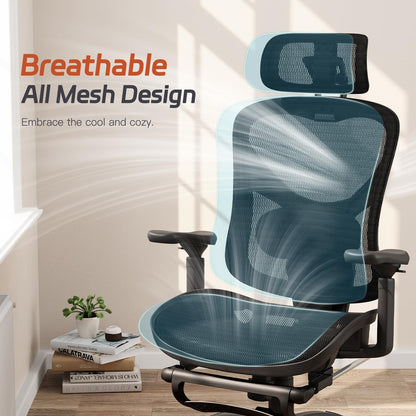 Ergonomic Office Chair, Mesh Desk Chair with Footrest, Adjustable Lumbar Support, 3D Armrest & Large Headrest, 3-Gear Tilt Recline, Stable Swivel Computer Gaming Chairs for Man Woman