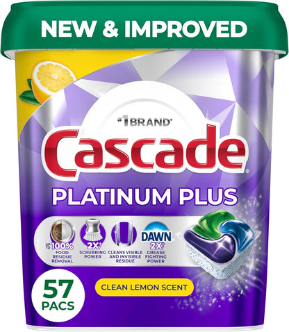 Cascade Platinum Plus Dishwasher Pods, Dishwasher Detergent, Dish Detergent Soap, Lemon, 57 Count