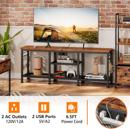 Furologee TV Stand with Power Outlets, Entertainment Center with Open Storage Shelves for TVs up to 55 Inch, Media Console Table with Soundbar Shelf for Living Room, Bedroom, Rustic Brown