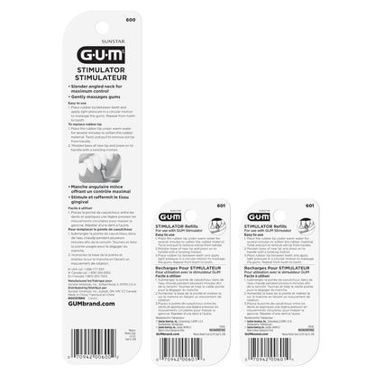 GUM Stimulator Permanent Handle - Long Handled Massager Remove Plaque & Promote Health (Handle + 2 Refill Packs)