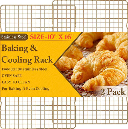 2PCS Cooling Racks for Cooking and Baking - 10" x 15"Heavy Duty Stainless Steel Wire Rack for Baking, Grilling, Roasting - Oven & Dishwasher Safe - Fits Jelly Roll Sheet Pan-Silver