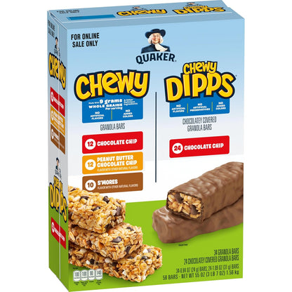 Quaker Chewy Granola Bars, Chewy & Dipps Variety Pack, 58 Bars, Whole Grains, No Artificial Flavors