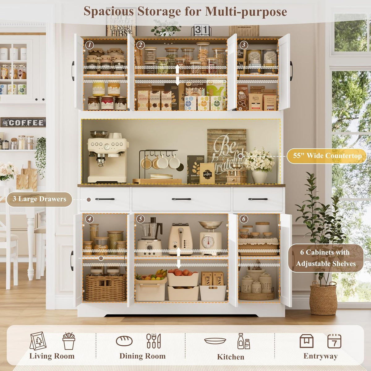 HOSTACK 71" Tall Kitchen Pantry Storage Cabinet with Charging Station, 55" Wide Kitchen Hutch Cabinet with Large Countertop, Farmhouse Food Pantry with Drawers for Living Room, White