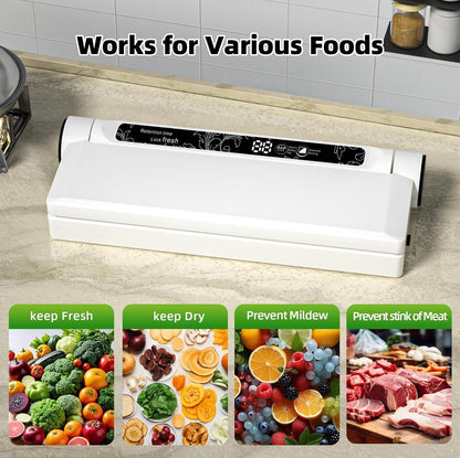 Food Vacuum Sealer Machine, 75KPA Strong Suction, Dry/Wet Modes, 20 Vacuum Seal Bags for Food, Digital Countdown Timer, Compact Lightweight, Ideal for Home Kitchen Use
