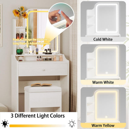 LIKIMIO Small Makeup Vanity Desk with Mirror and Lights, Vanity Table Set with Storage Drawer, Chair and Three Shelves, Bedroom, White