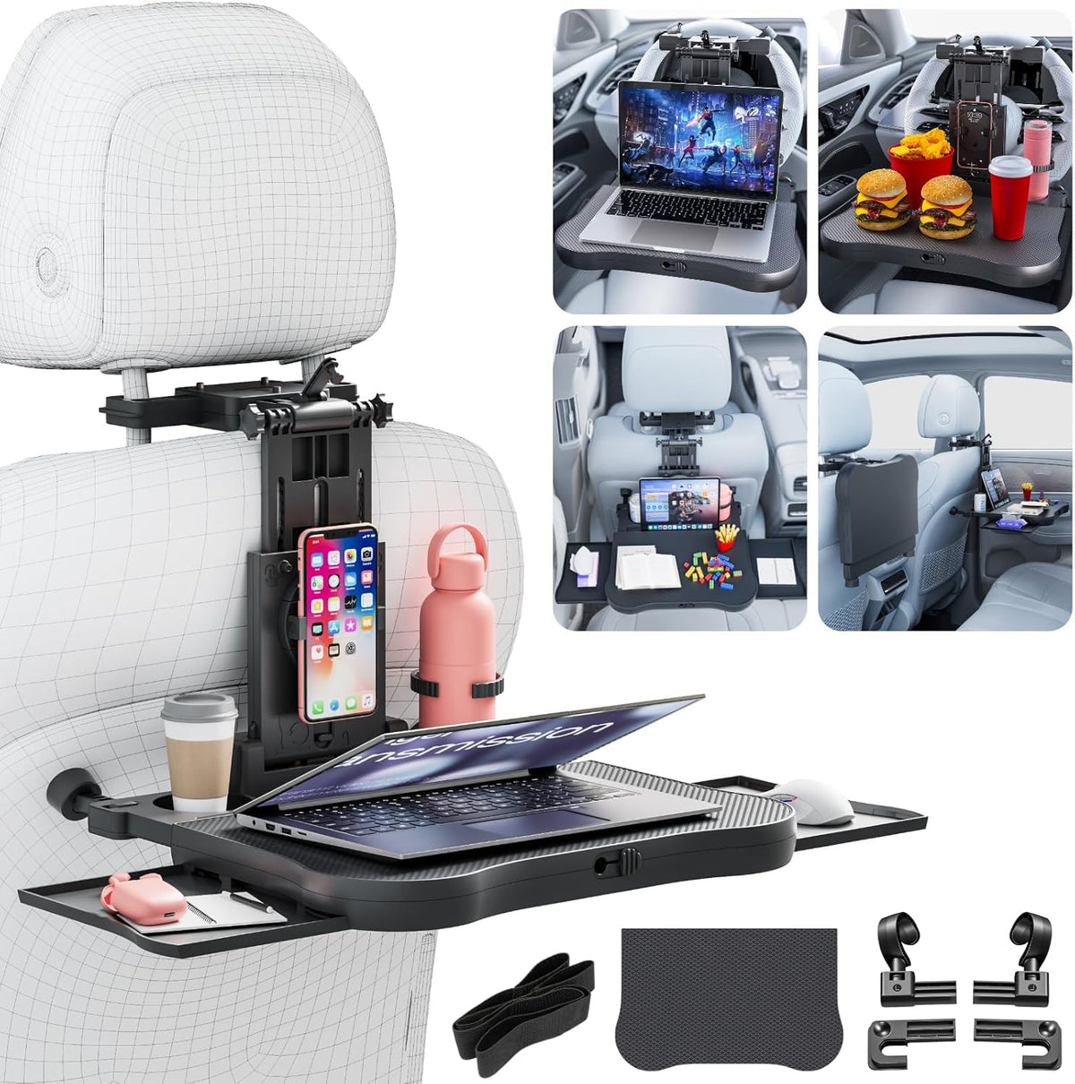 Large Car Desk for Laptop | Steering Wheel Tray Table | Foldable Back Headrest Seat Eating Food Trays with Drinks Cupholder Phone Tablet Holder for Kids | Car Travel Essentials for Long Trips