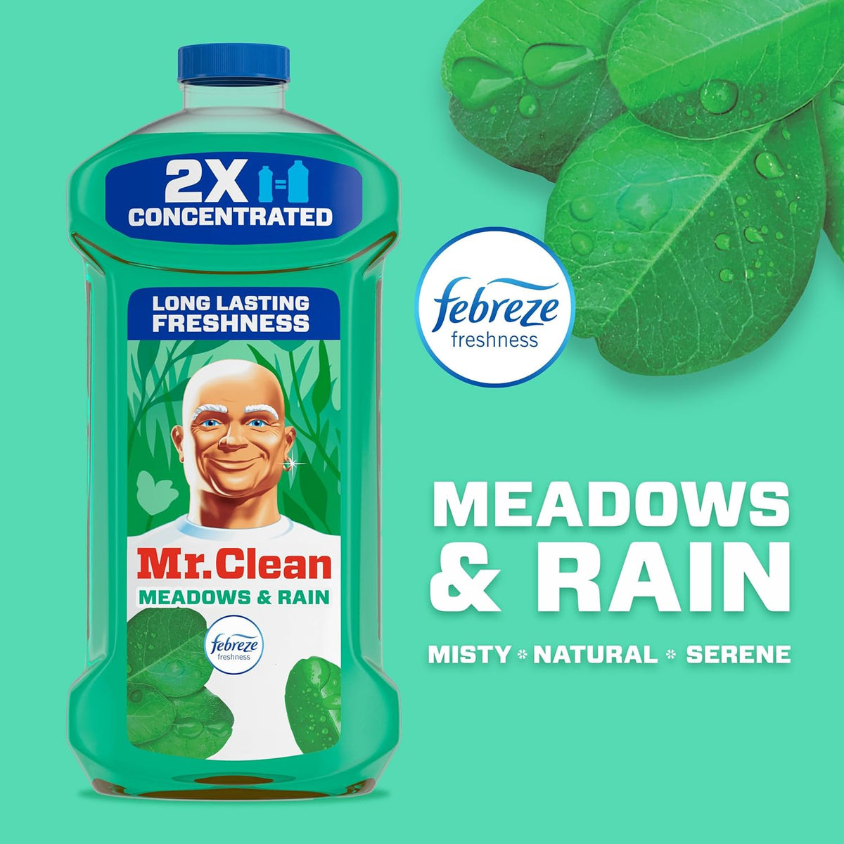 Mr. Clean All Purpose Cleaner, Floor Cleaner for Mopping Home, Bathroom, & Kitchen, Cleaning Liquid for Mop & Bucket, Cleaning Supplies, Multi-Surface Dilutable, Meadows & Rain, 41oz