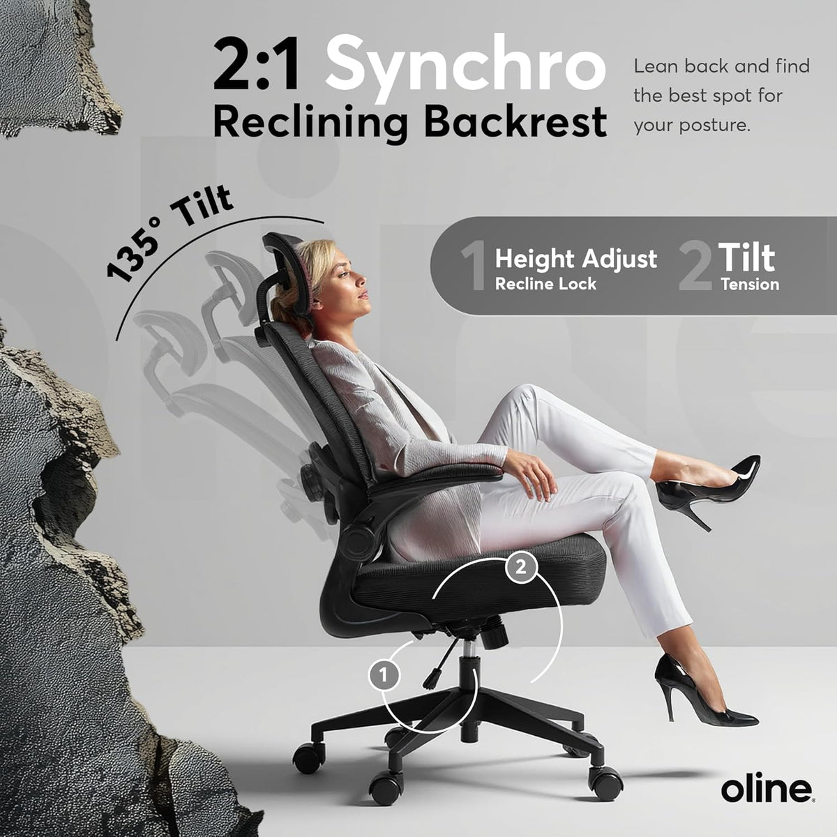 Oline ErgoAir Ergonomic Office Chair – Adjustable Lumbar Support, Flip-Up Armrests, Mesh Computer Desk Chair, Swivel Rolling Executive Gaming Chair for Home & Office (Black)