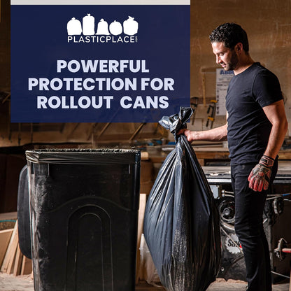 Plasticplace 95-96 Gallon Heavy Duty Black Trash Bags - Contractor Grade, Extra Large Garbage Bags for Construction & Outdoor Trash Cans, 1.2 Mil Thick, 61” x 68” (15 Count Roll)