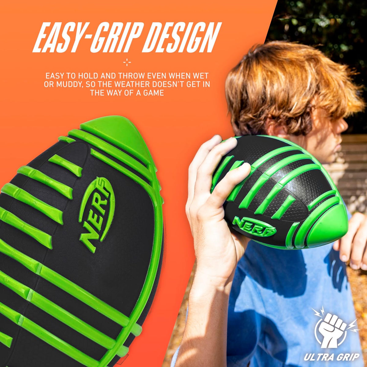 Nerf Weather Blitz Foam Football for All-Weather Play - Easy-to-Hold Grips – Great for Indoor and Outdoor Games - Green