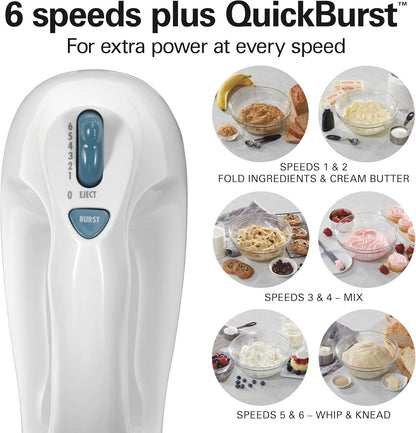 Hamilton Beach 6-Speed Electric Hand Mixer with Whisk, Traditional Beaters, Snap-On Storage Case, 250 Watts, White