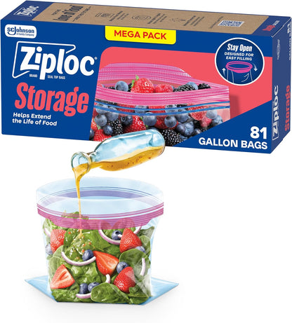 Ziploc Gallon Food Storage Bags, Stand-Up Bottom, Easy to Fill, 81 Count (Packaging May Vary)
