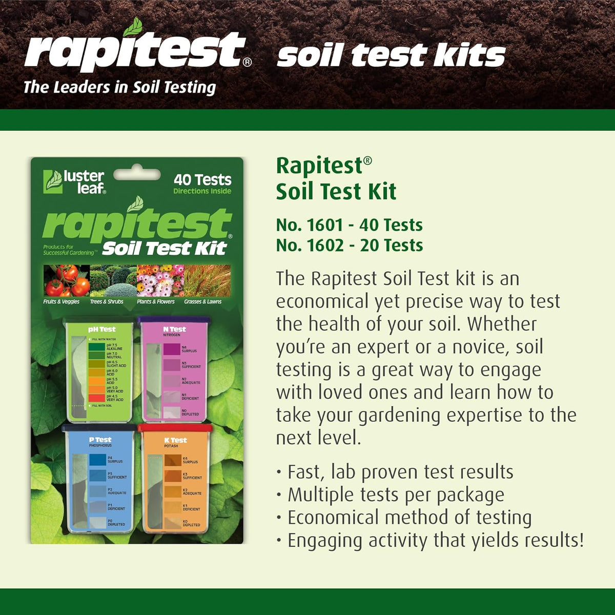 Rapitest Soil Test Kit for Gardens, Vegetables, Flowers and Lawns. USA designed and assembled soil tester completely, quickly and accurately measures/analyzes soil pH acidity and garden nutrients.