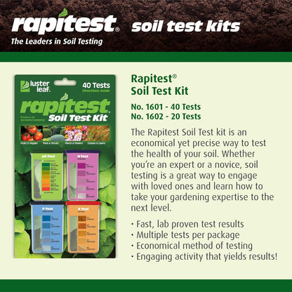 Rapitest Soil Test Kit for Gardens, Vegetables, Flowers and Lawns. USA designed and assembled soil tester completely, quickly and accurately measures/analyzes soil pH acidity and garden nutrients.