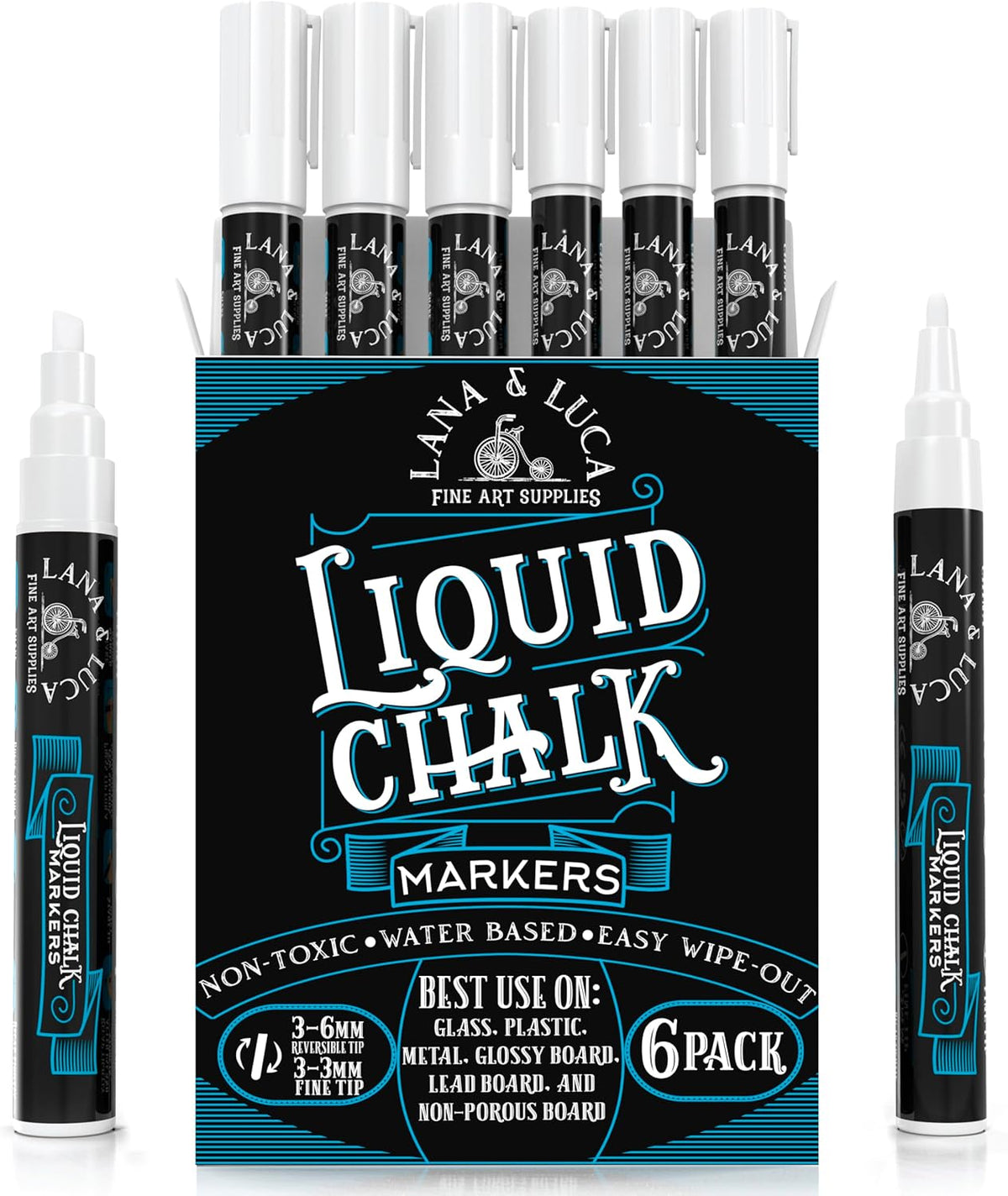 Liquid Chalk Marker Pen - White Dry Erase Marker - Chalkboard Signs, Windows, Blackboard, Glass (6 Pack) 3-6mm Reversible Tip, 3-3mm Fine Tip