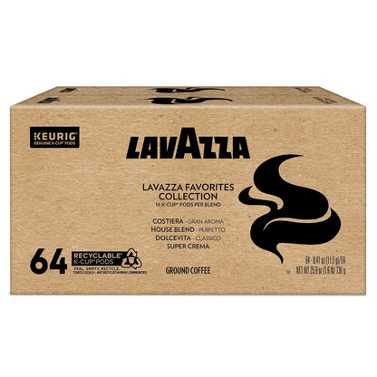 lavazza favorites collection variety pack, keurig k-cup pods, light and medium roast coffees, 64-count box