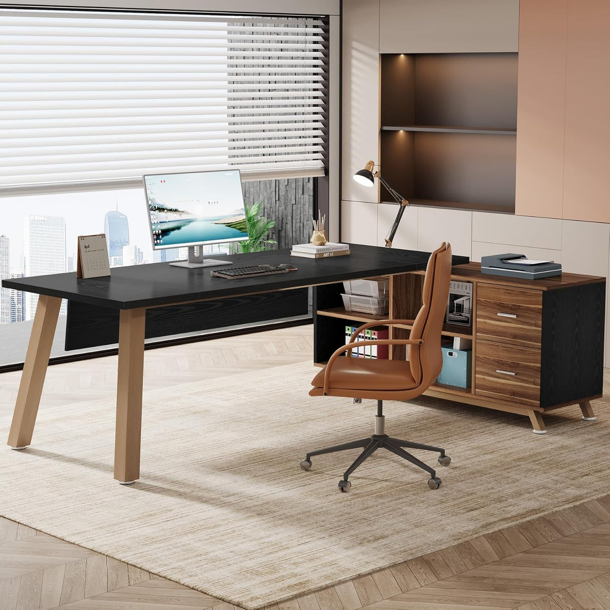 Tribesigns 78.7-Inch Executive Desk, L-Shaped Desk with 55-Inch Cabinet, Large Office Desk with Storage Shelves, Modern Computer Desk for Home Office, Black & Walnut