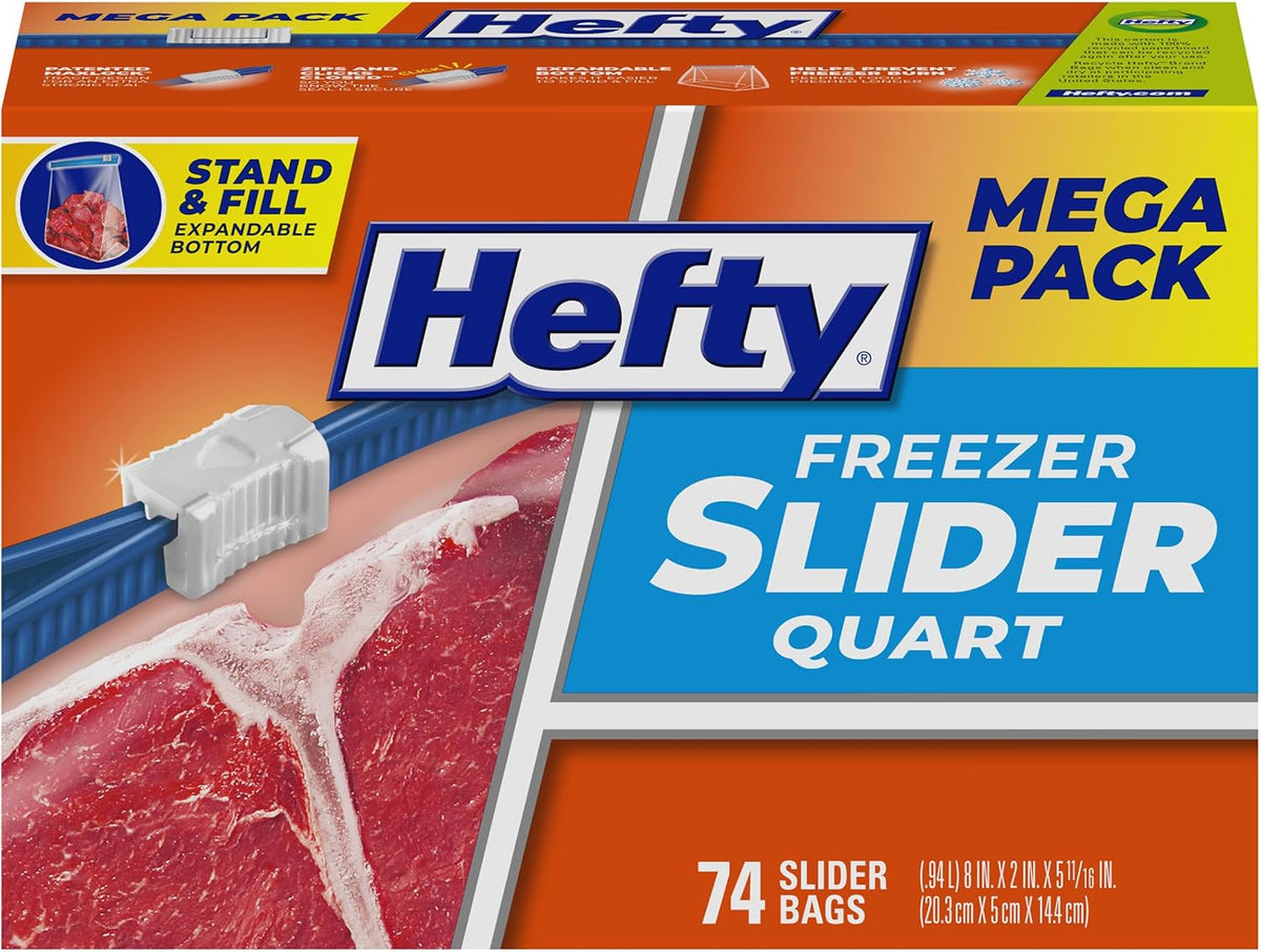 Hefty Slider Freezer Kitchen Storage Bags, Quart Size, 74 Count