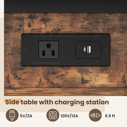 End Table with Charging Station, Flip Top Side Table with USB Ports and Outlets, 3-Tier Small Side Table with Storage for Small Space, End Tables for Living Room/Bedroom, Brown