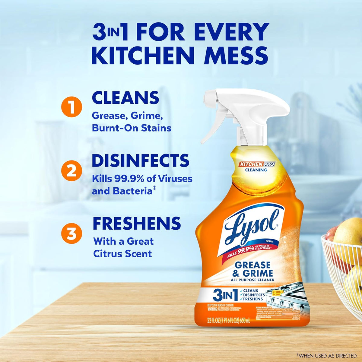 Lysol Pro Kitchen Spray Cleaner and Degreaser, Antibacterial All Purpose Cleaning Spray for Kitchens, Countertops, Ovens, and Appliances, Citrus Scent, 22oz