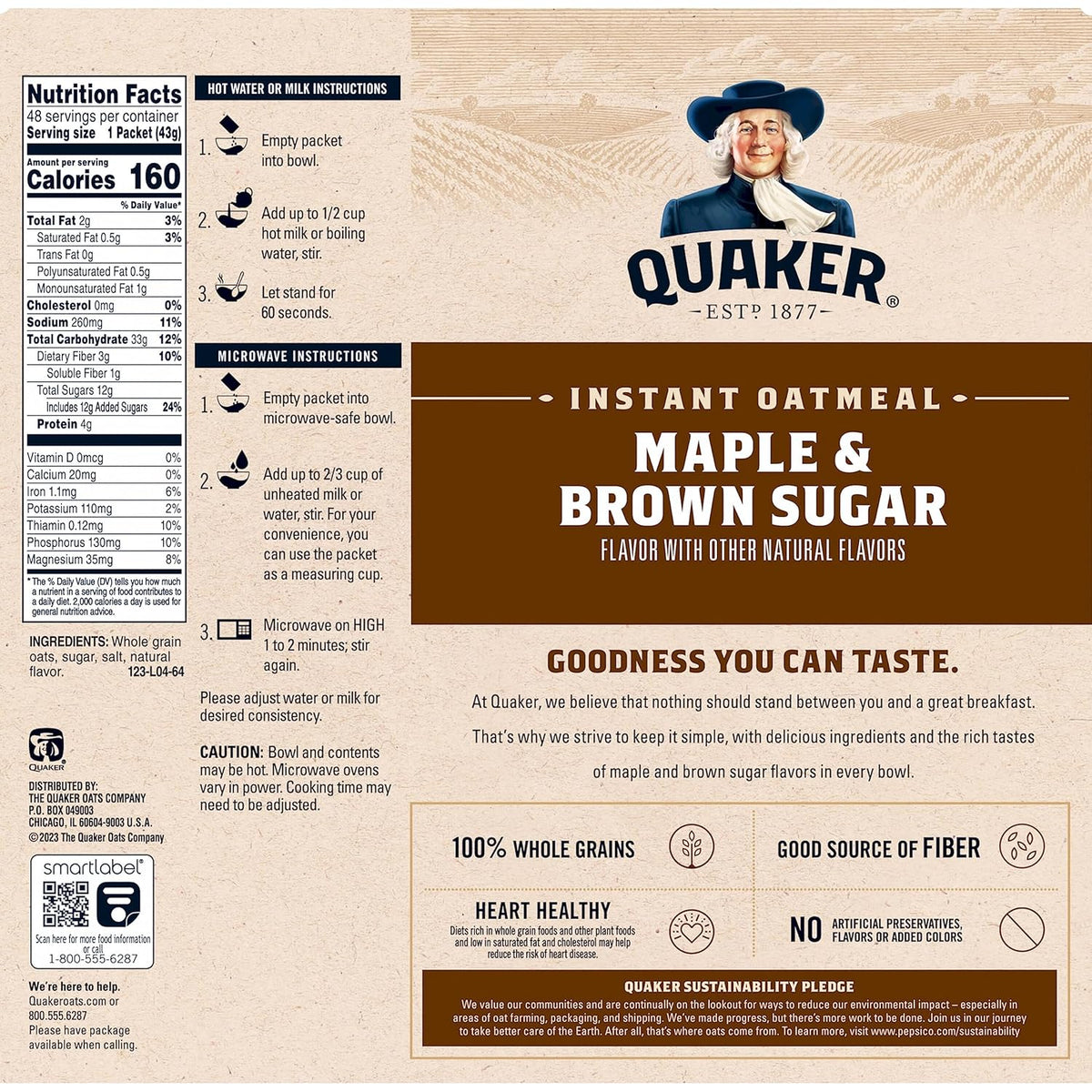 Quaker Instant Oatmeal, Maple & Brown Sugar, Individual Packets, 1.51 Ounce (Pack of 48)