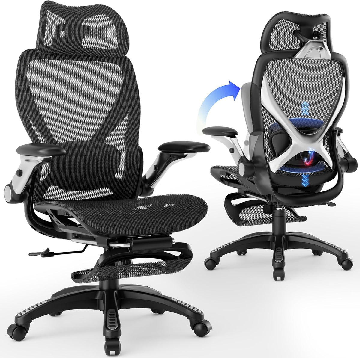 ELABEST X100 Ergonomic Office Chair with Footrest, Big and Tall Home Desk Chair with 5D Flip-Up Arms, Adjustable 3D Lumbar Support,High Back Rolling Computer Chair, Swivel Mesh Chairs (Midnight Mist)