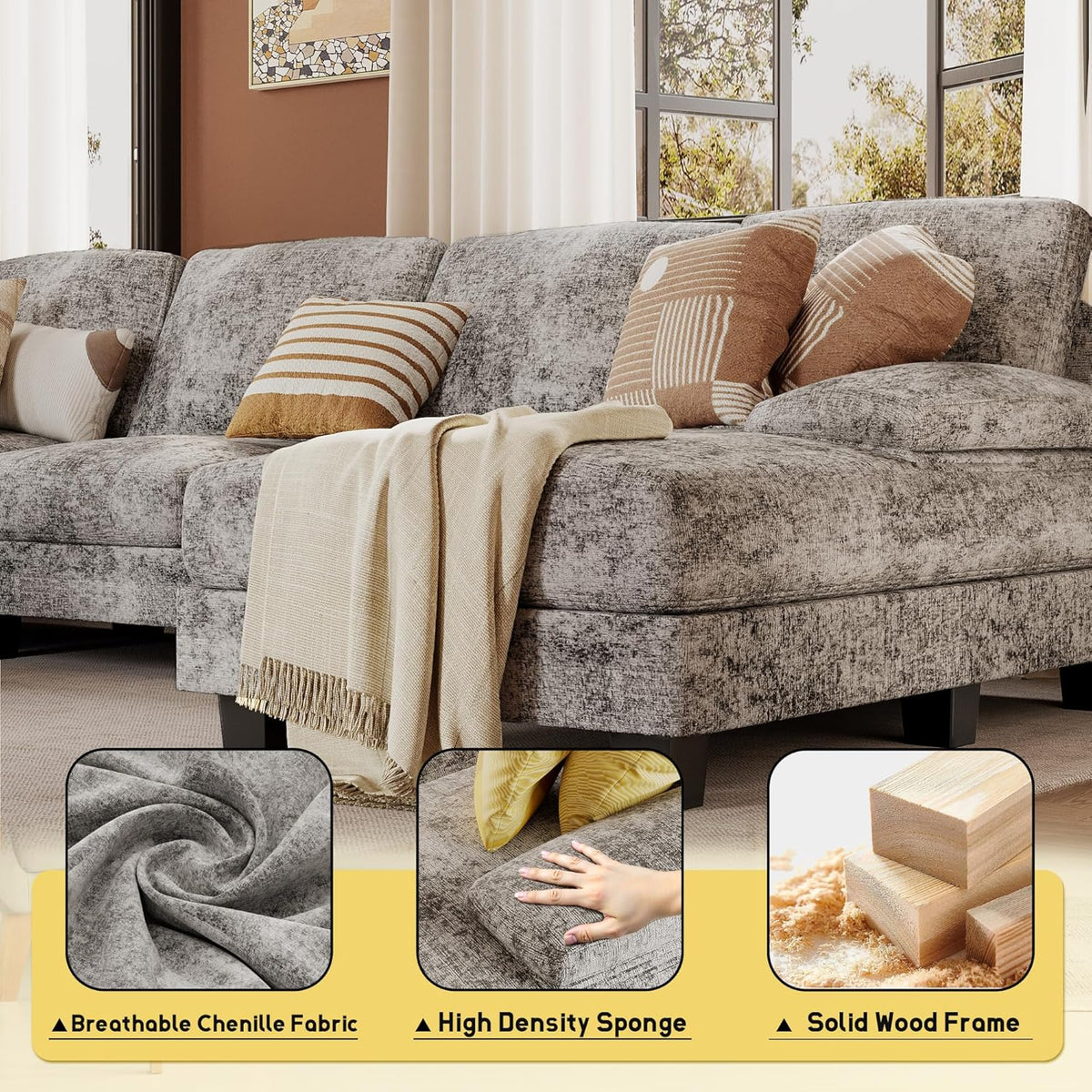 JUMMICO Sectional Couches for Living Room, U Shaped Couch with Chenille Fabric, 4 Seat Modern Sofa with Removable Pillows for Apartment and Small Space (Fabric, Grey)