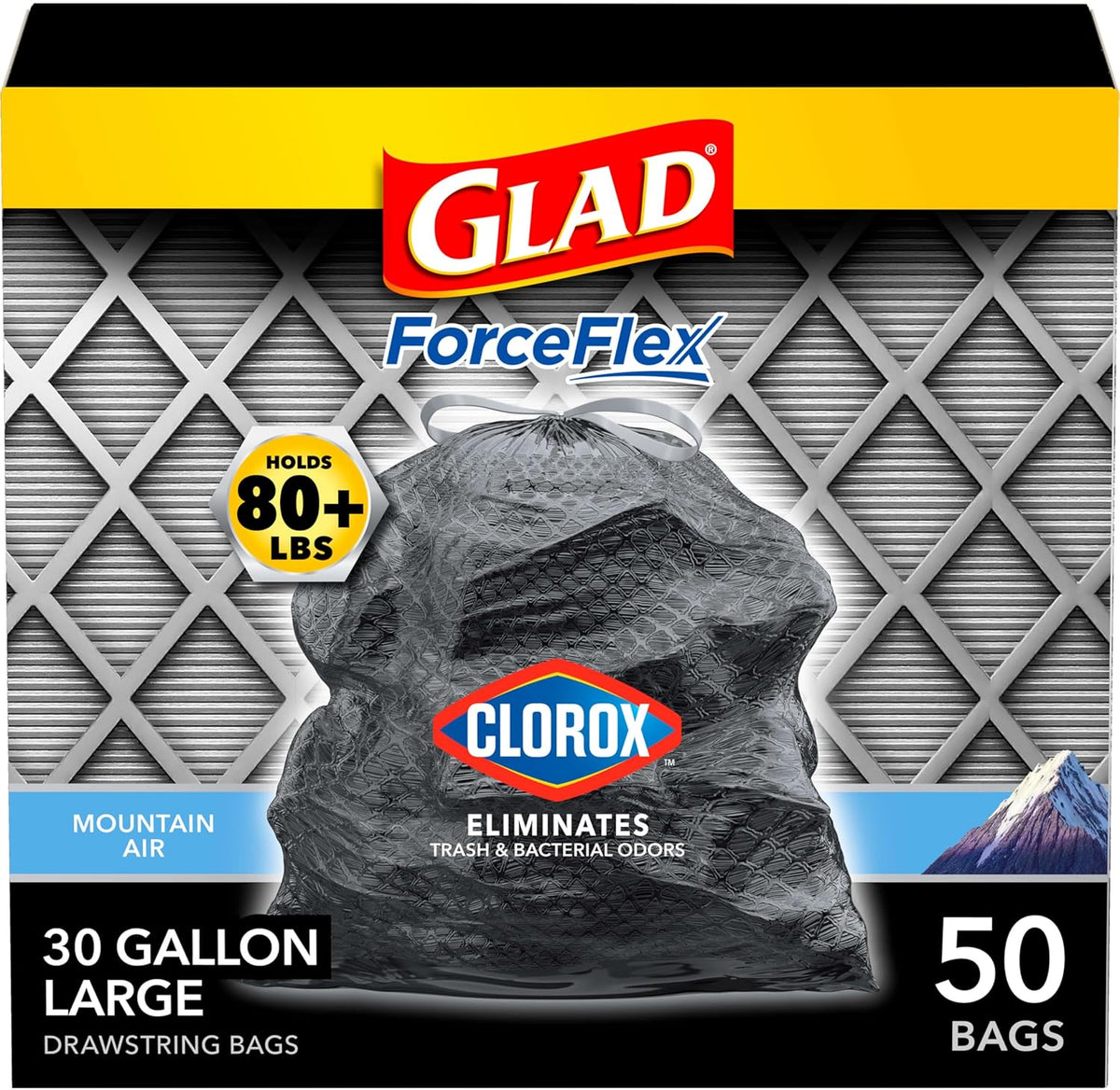 Glad Large 30 Gallon Trash Bags, Clorox Mountain Air Heavy Duty Garbage Bags, Forceflex with Drawstring, 50 Count (Packaging May Vary)