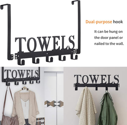 Over The Door Hooks, Towel Holder for Bathroom, Door Mount Towel Rack Towel Hooks for Bedroom Beach Towels Bathrobe Wall Mount Hang on The Door Cabinet Cupboard Metal Sandblasted (Black)