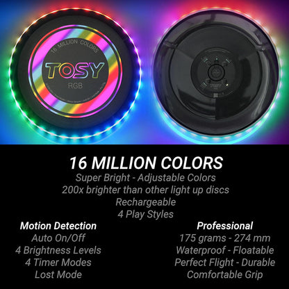 TOSY Flying Disc - 108 RGB Multicolor or 36 Monocolor LEDs, Super Bright, Smart Modes, Christmas Stocking Stuffers Gift, Camping Toy for Kid/Teen/Adult, Auto Light Up, Rechargeable, Waterproof, 175g