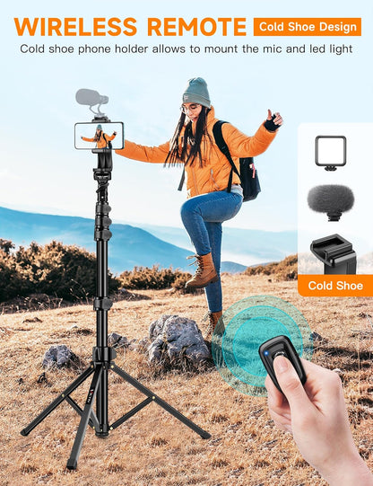 Phone Tripod, 86" Tall Tripod for iPhone with Flexible Gooseneck & Remote, Portable Aluminum Cellphone Stand for Selfies, Video Recording,Travel, Compatible with iPhone Android
