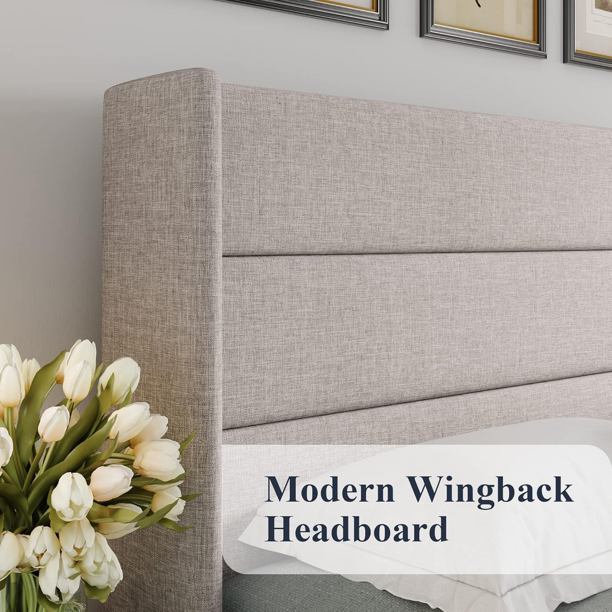 Allewie King Size Lift Up Storage Bed, Modern Wingback Headboard, Hydraulic Support, No Box Spring Needed, Light Beige