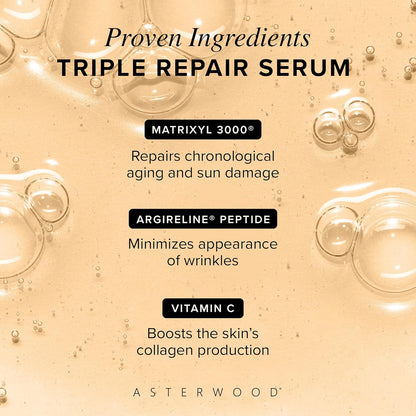 Asterwood Triple Repair Serum with Matrixyl 3000, Argireline, Hyaluronic Acid, and Vitamin C for anti-aging and collagen boosting - fragrance-free - 1 fl oz