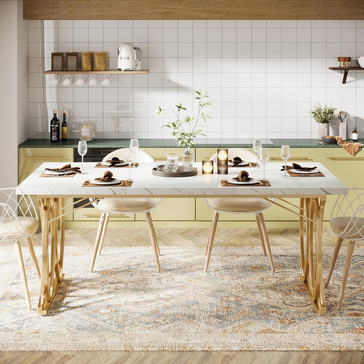 Tribesigns Modern Dining Table, 63" Large Kitchen Table for 4-6 People, Unique Rectangular Dinner Table Kitchen & Dining Room Furniture with Faux Marble Tabletop and Geometric Legs