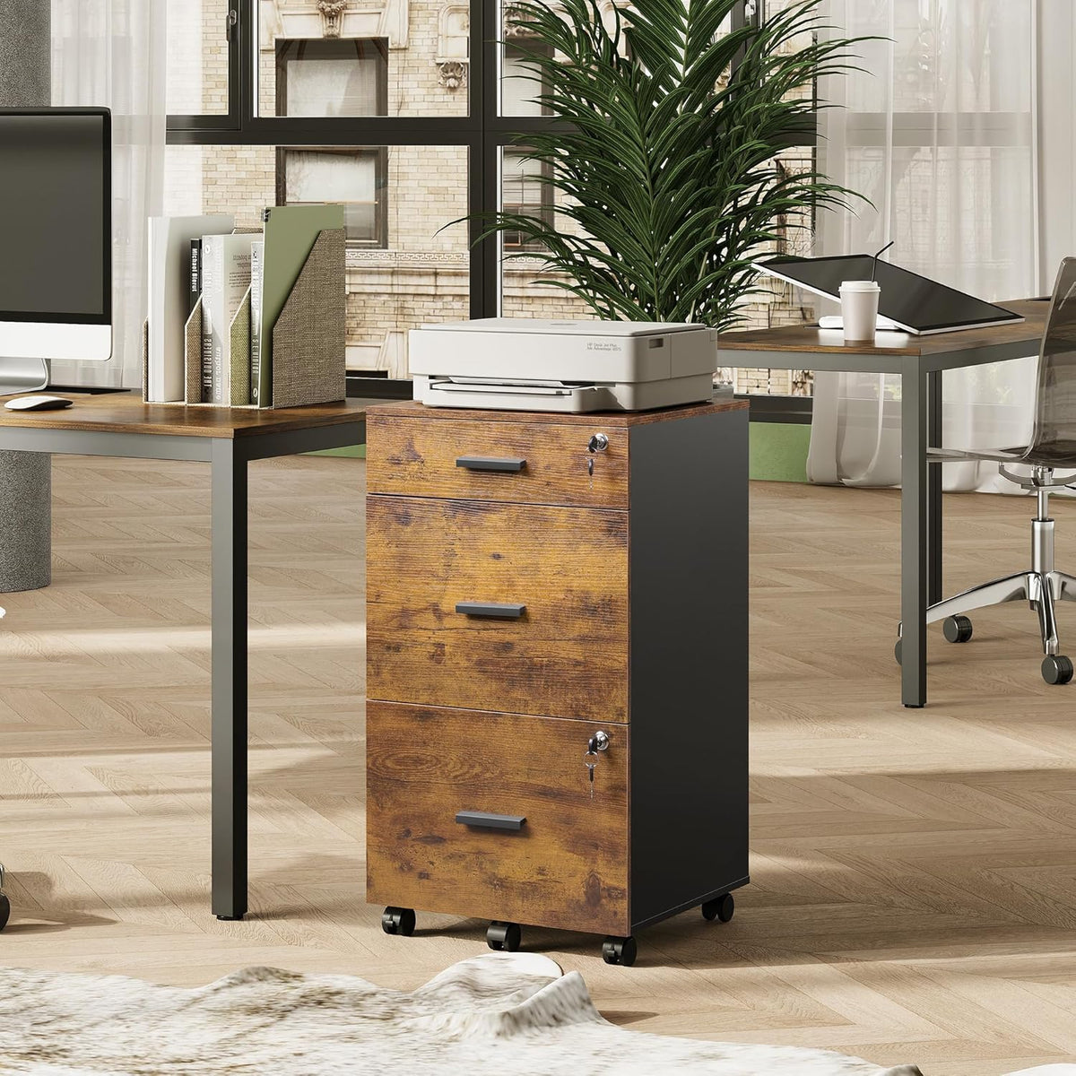 DEVAISE 3 Drawer Rolling File Cabinet with Lock, Wood Filing Cabinet fits Letter / A4 Size for Home Office, Rustic Brown