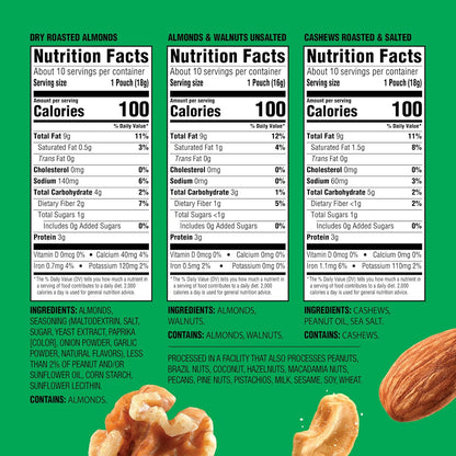 emerald nuts 18ct mixed nuts variety pack 100-calorie individual packs dry roasted almonds natural almonds walnuts roasted salted cashews