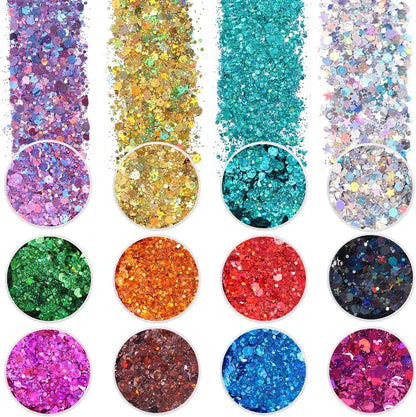 Holographic Chunky Glitter, Set of 12, Licool Craft Glitter for Resin Art Crafts, Cosmetic Glitter for Nail Body Face Eye, Epoxy Resin Sequin Flake Sparkle for Slime Tumbler Jewelry Making