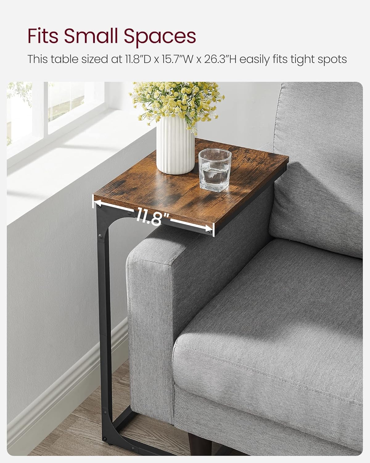 VASAGLE C-Shaped End Table, Side Table for Sofa, Couch Table with Metal Frame, Small TV Tray Table for Living Room, Bedroom, Rustic Brown and Black