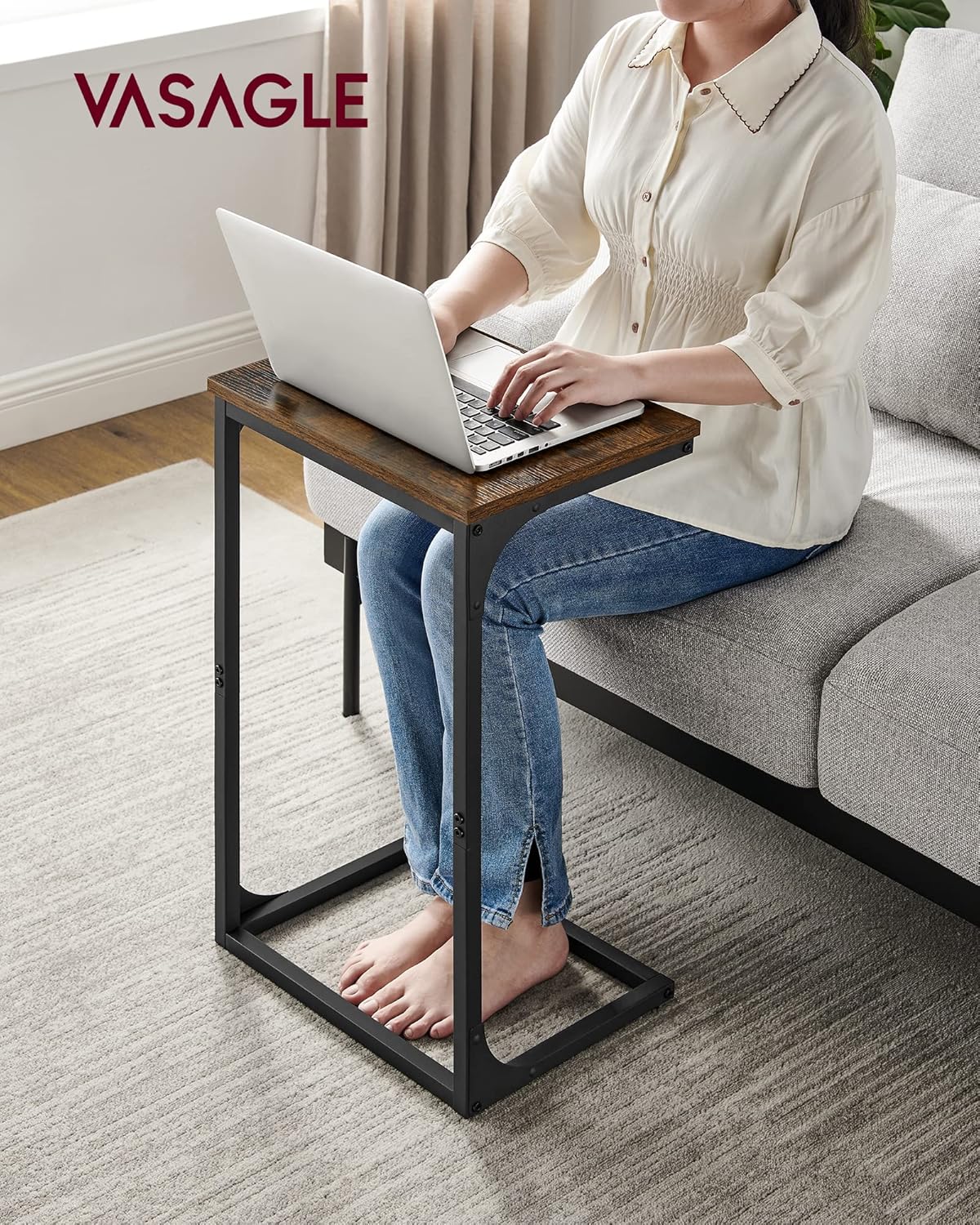 VASAGLE C-Shaped End Table, Side Table for Sofa, Couch Table with Metal Frame, Small TV Tray Table for Living Room, Bedroom, Rustic Brown and Black