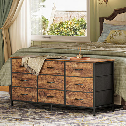 Huuger 9 Drawer Dresser, 47 Inch Dresser TV Stand for 50, 55 Inch TV, Entertainment Center with Drawers, for Bedroom, Closet, Rustic Brown