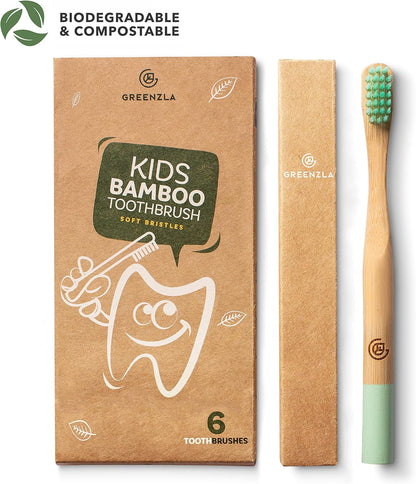 GREENZLA Kids Bamboo Toothbrushes, Natural Toothbrush Set, Soft Bristles, Durable Charcoal Wooden Brushes, Compostable Design for Toddlers and Children, 6 Pack