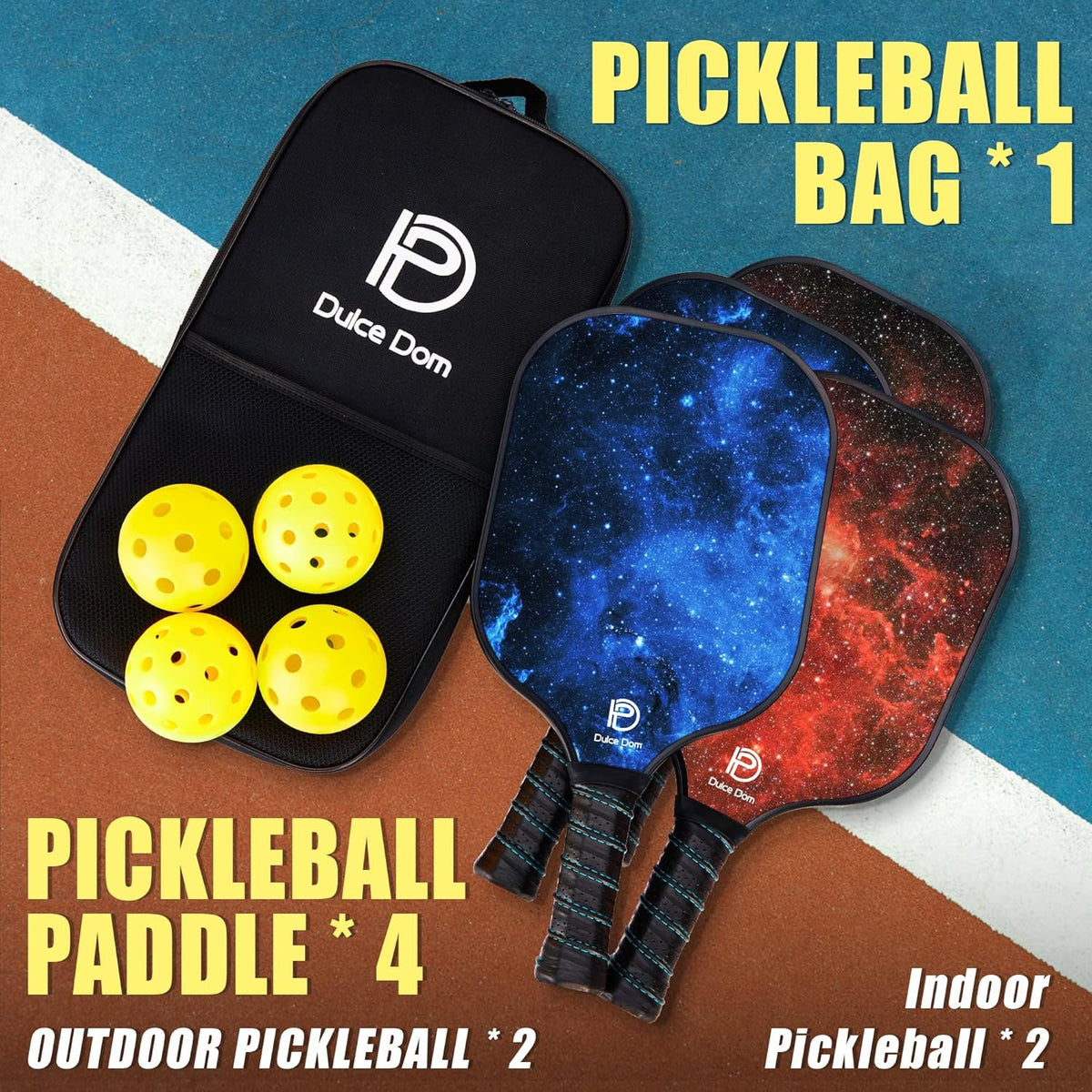 DULCE DOM Pickleball Paddles Set of 2/4 - USAPA Approved, Fiberglass/Carbon Fiber Pickleball Racket with 4 Indoor Outdoor Pickleball Balls and Pickleball Bag, Ideal Pickleball Training Equipment