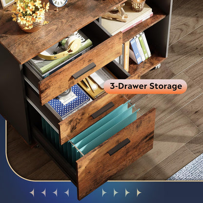 DEVAISE 3 Drawer Mobile File Cabinet, Wood Lateral Filing Cabinet, Printer Stand with Open Shelves for Home Office, Rustic Brown