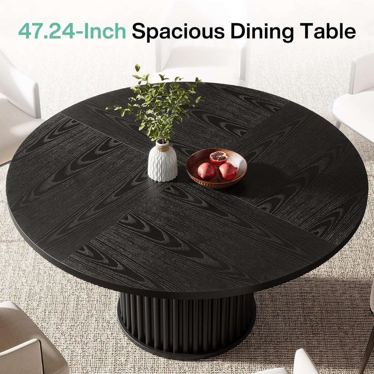 Tribesigns 47.24-Inch Black Round Dining Table for 4-6 People, Modern Fluted MDF + Metal Base Kitchen Table, Sturdy Circle Dining Room Furniture, Black